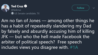 Ted Cruz Bravely Defends Alex Jones Against Facebook's Temporary Internet Jail